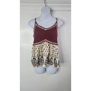 American Rag Cie Tank Top Womens Large Burgundy Crochet Boho Floral Tiered